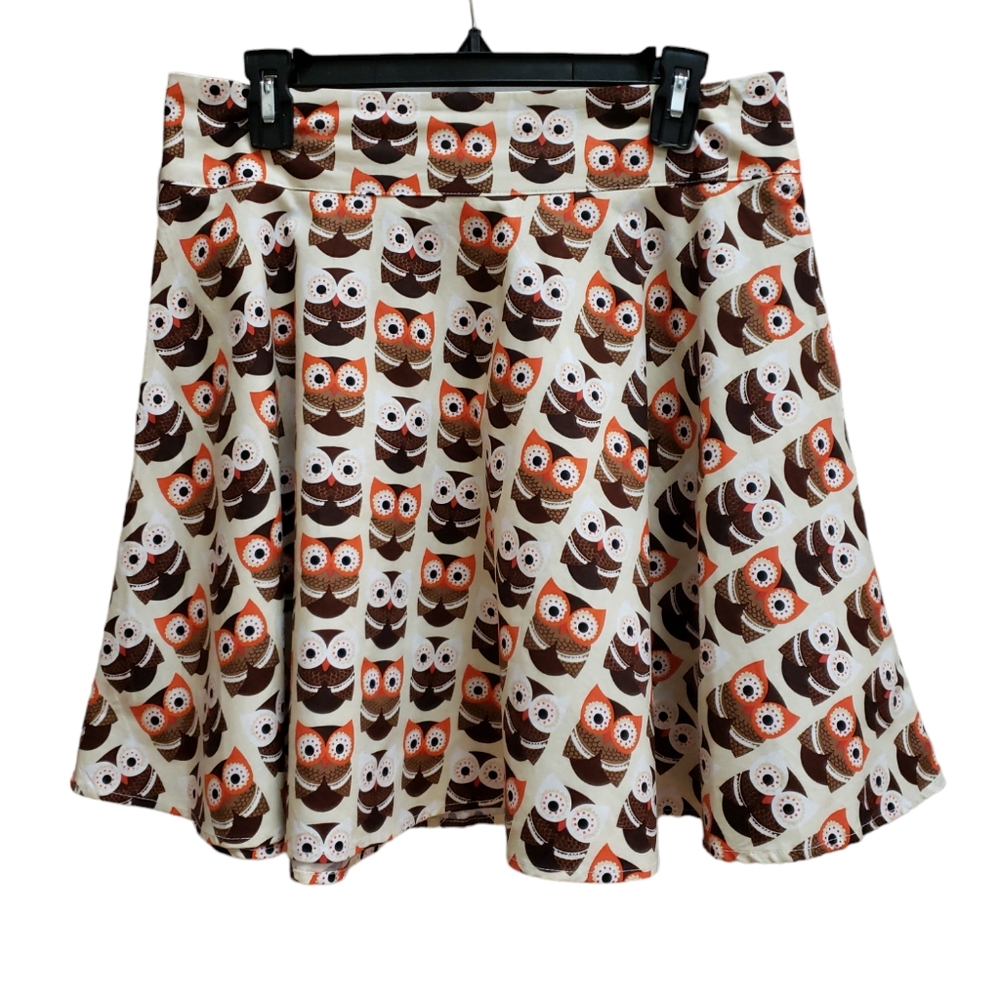 Retrolicious Skirt Womens Size L Ivory Brown Owls Graphic Swing Flare Preppy